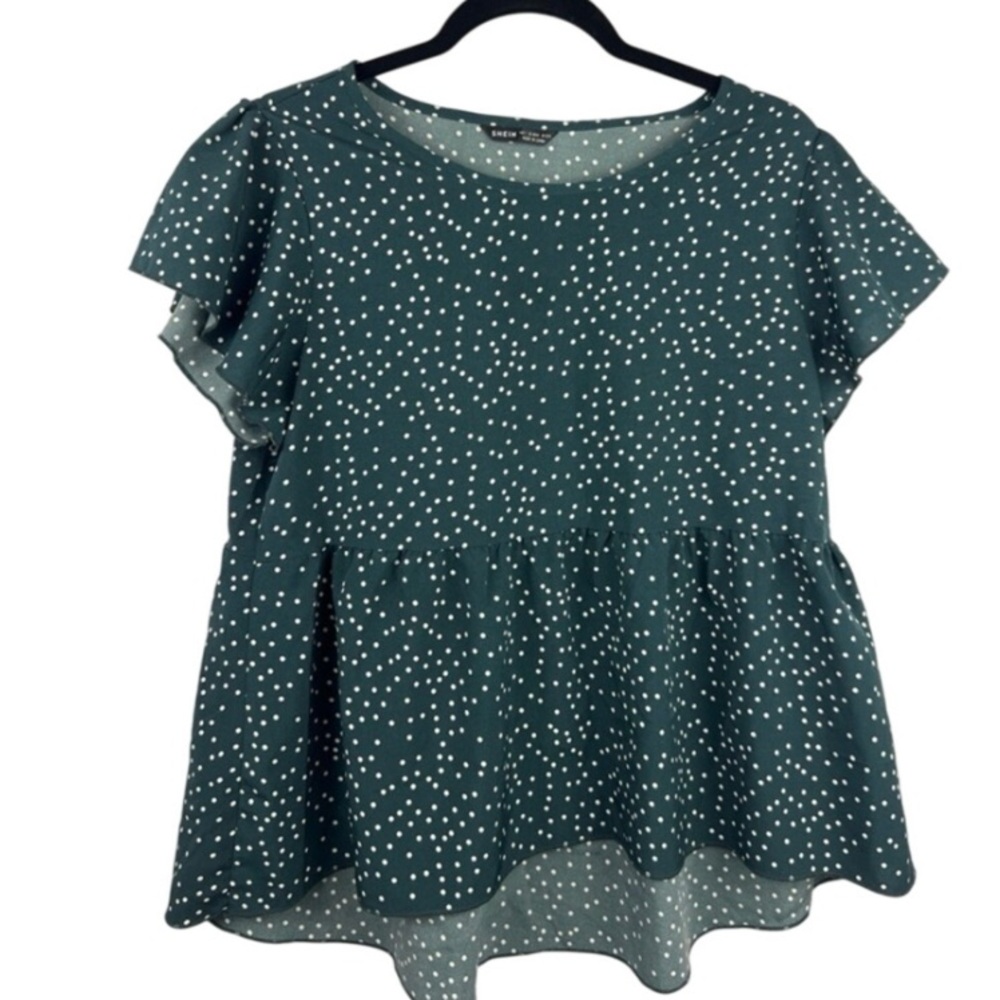 SHEIN Teal Polka Dot Ruffle Sleeve Peplum Top Blouse Flowy Feminine Casual